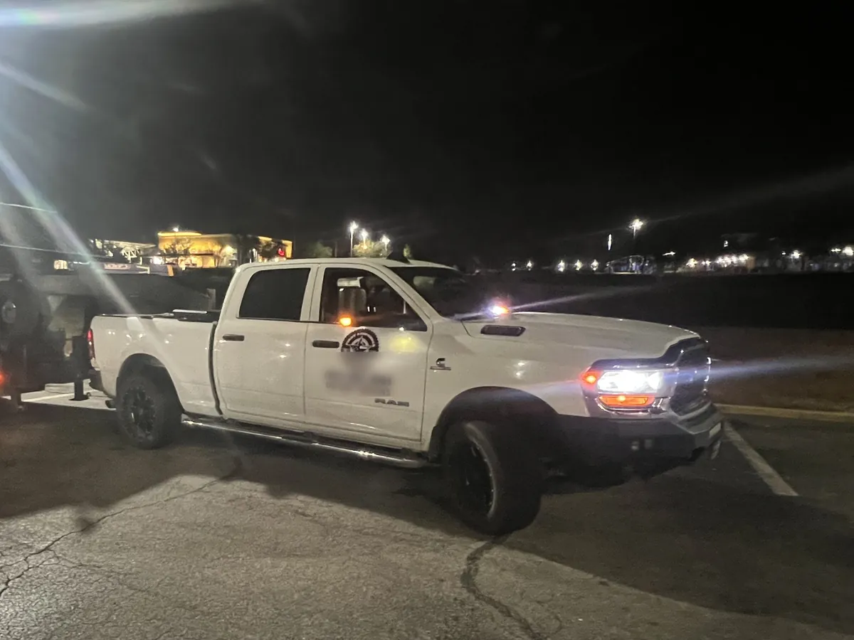 The First Responder Transport truck out on a night haul with its lights on